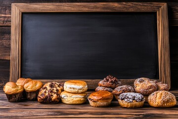 Assorted baked goods sit in front of a rustic blackboard, creating a charming atmosphere in a bakery ready to showcase daily delights