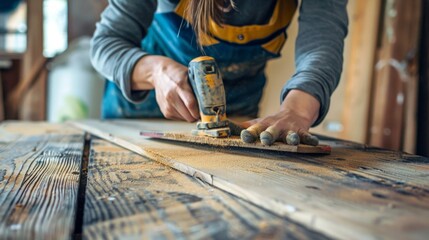 Closeup of a Woman's Hand Sanding Wood with a Power Sander.