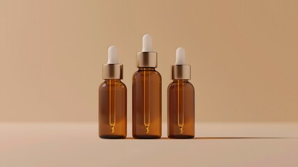 Skincare packaging concept. Dropper bottles mockup on beige background. 