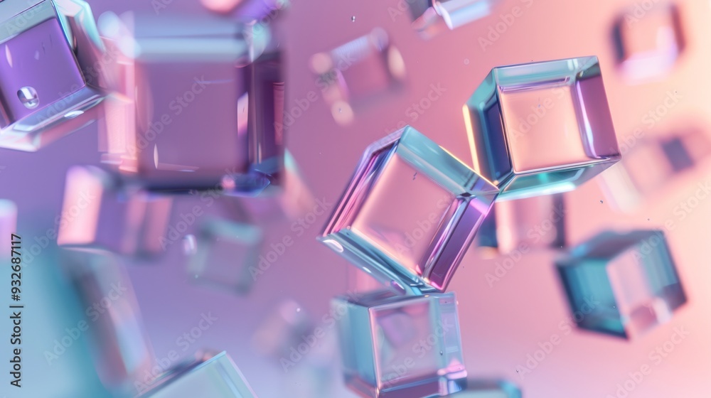Poster Abstract scene featuring a cluster of floating cubes with varying transparencies and hues on a smooth, neutral backdrop