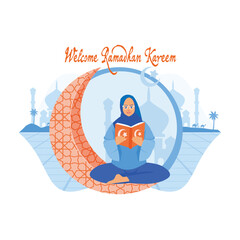 Muslim woman sitting on the crescent moon and reading the Koran. Muslim activities during the month of Ramadan. Ramadan Kareem concept. Flat vector illustration.