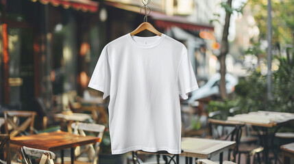 Fototapeta premium Blank White T-Shirt Mockup on Wooden Hanger at Outdoor Cafe: Perfect for Apparel Design and Branding
