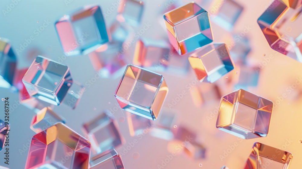 Poster Abstract scene featuring a cluster of floating cubes with varying transparencies and hues on a smooth, neutral backdrop