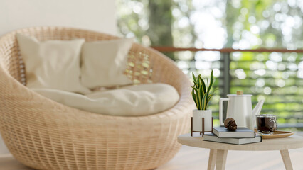 A mini wooden coffee table with objects in a contemporary Scandinavia living room.