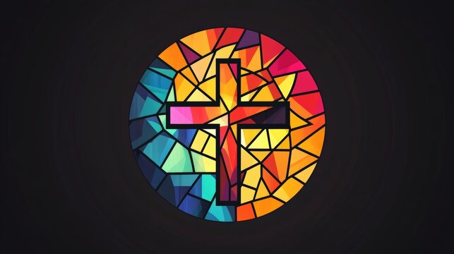 Vector logo of a circle, stained glass with a cross in the center, bright colors, modern, simple.