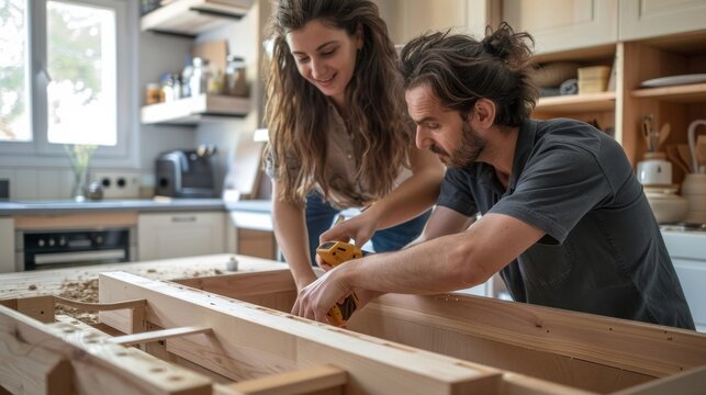 Couple Building a Wooden Table Together in Kitchen.