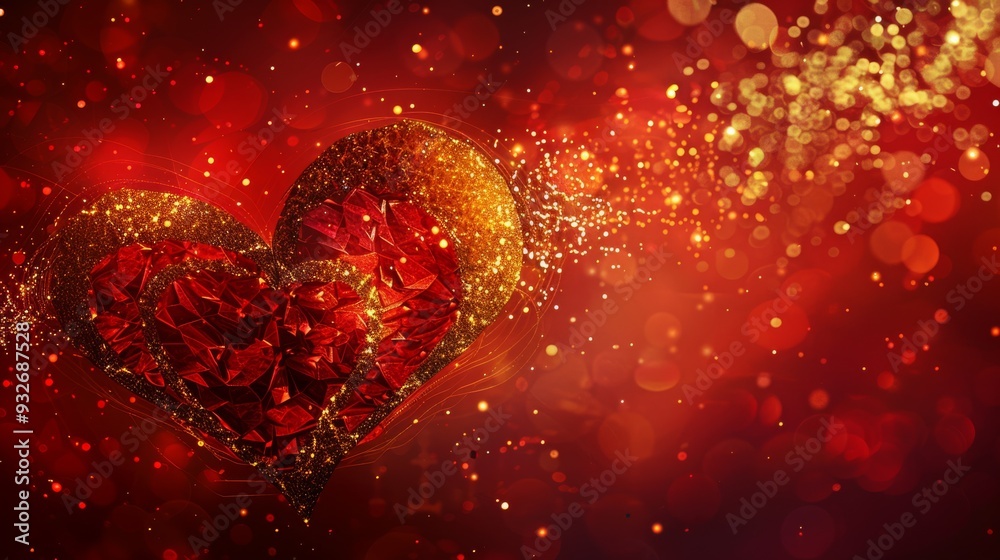 Poster Abstract heart design with sparkling golden accents on a deep red background, adding a touch of glamour.