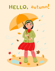 A4 poster Hello autumn. A surprised girl in autumn clothes hides under an umbrella from the wind and rain.