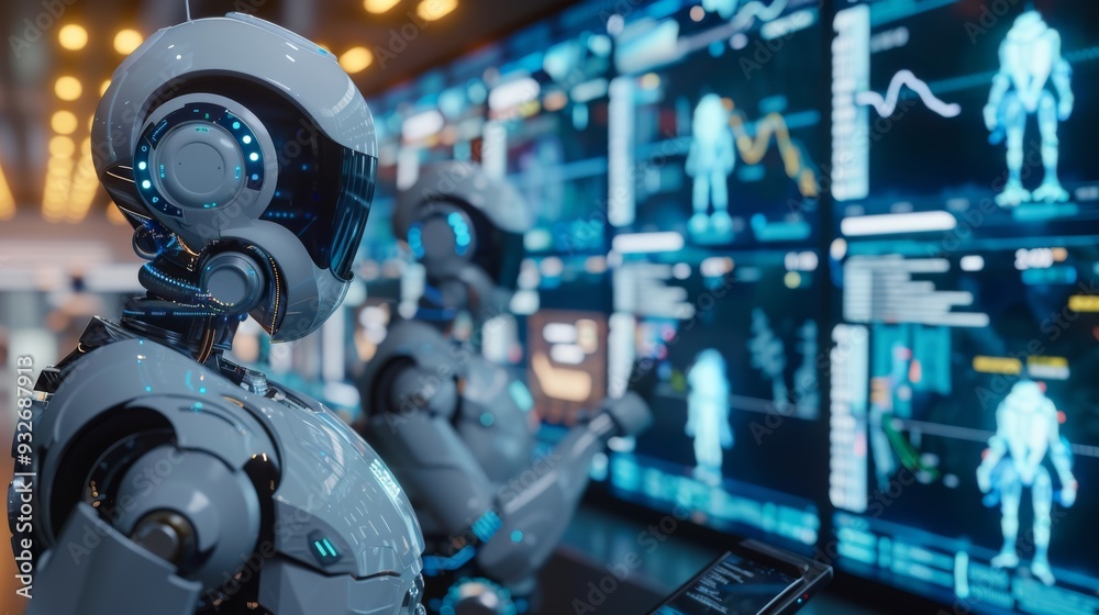 Poster ai robots analyzing data on large screens