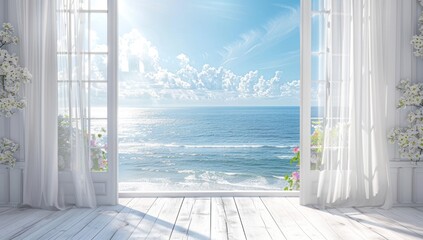 Fototapeta premium Ocean View Through Open French Doors