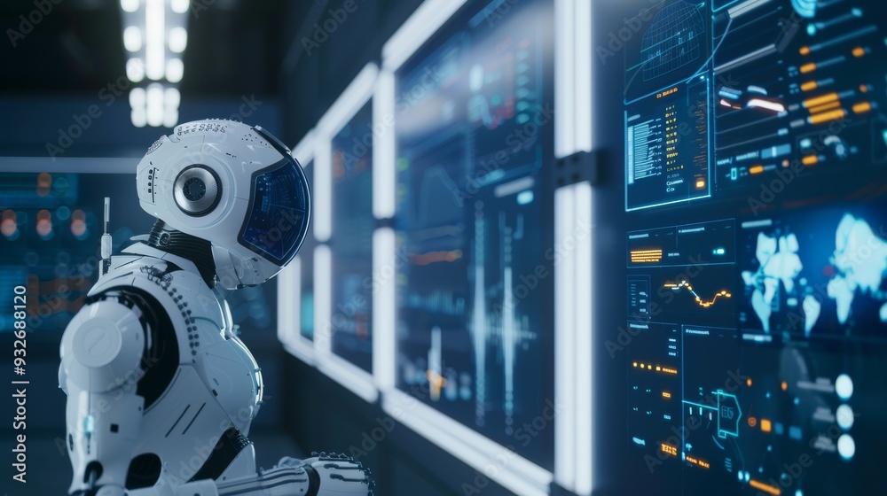 Fototapete ai robots analyzing data on large screens