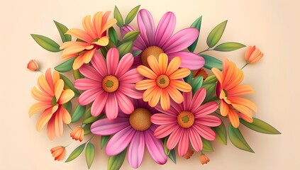 Obraz premium 3d cartoon colorful daisy flower branch with leaves on beige background vector illustration , high resolution, professional photograph, The ultrahighresolution 