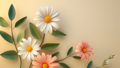 Fototapeta premium 3d cartoon colorful daisy flower branch with leaves on beige background vector illustration , high resolution, professional photograph, The ultrahighresolution 