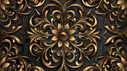 Golden Floral Design with Black Background   Baroque Style Ornate Decoration
