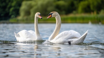 Fototapeta premium An elegant pair of swans captured in a moment of stillness on a calm lake, with gentle waves and natural surroundings highlighting their grace.