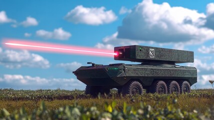 Fototapeta premium Futuristic military vehicle with laser technology in a green field under a blue sky, showcasing advanced warfare concepts.