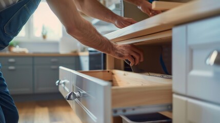 Handyman Installing Drawer in Kitchen Cabinet.