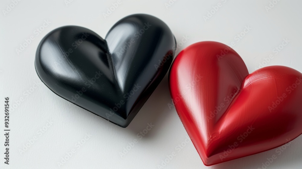 Poster Bold heart shapes in contrasting black and red on a stark white background, offering a modern and striking visual.