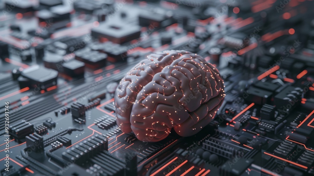 Aufkleber brain and circuit board fusion in futuristic style
