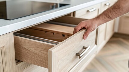 Closeup Of Hand Opening Kitchen Drawer.