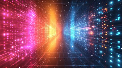 Obraz premium Abstract Neon Grid Tunnel with Glowing Lights and Stripes