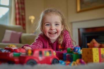 Fototapeta premium Children playing with their new toys, highlighting the joy and energy of Christmas Day. 