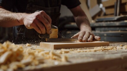Carpenter using a plane to smooth wood.