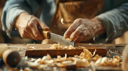 Close-up of Carpenter's Hands Using a Wood Plane.