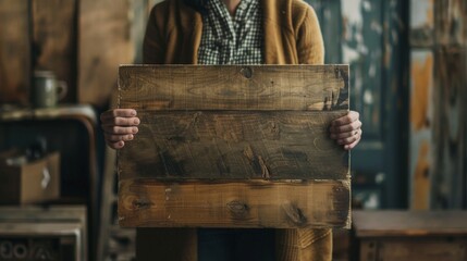 Obraz premium Person Holding Rustic Wooden Sign.