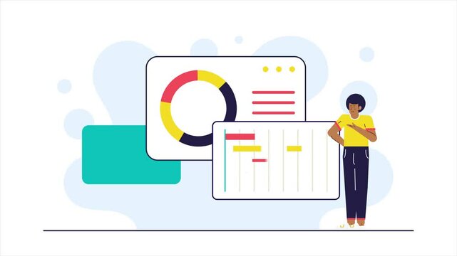 A person stands next to colorful charts and graphs data analysis illustration business animated video