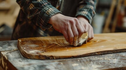 Close Up of Hands Sanding a Wooden Board.