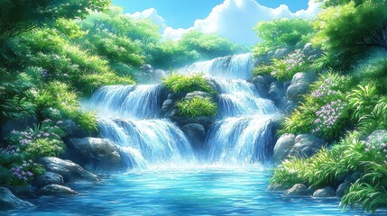 Serene Waterfall Surrounded by Lush Greenery Under a Clear Blue Sky Elegant Natural Landscape Captured in Digital Art Form