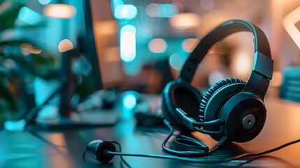 Communication support, call center and customer service help desk. VOIP headset for customer service support (call center) concep. 