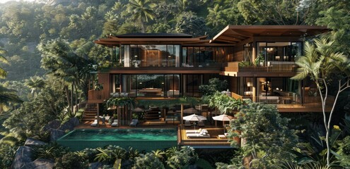 Obraz premium Luxury Villa with Infinity Pool in Tropical Jungle