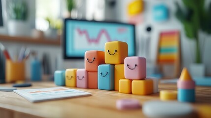 Colorful Cubes with Smiley Faces on Desk with Graph and Chart