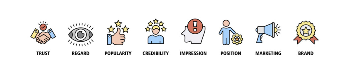 Reputation management banner web icon set vector illustration concept with icon of trust, regard, popularity, credibility, impression, position, marketing and brand icons symbol editable