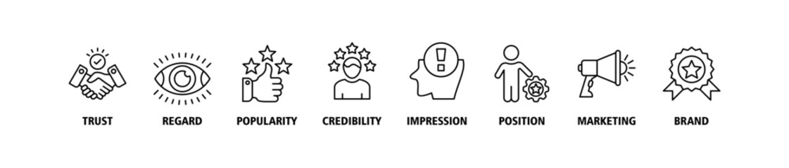 Reputation management banner web icon set vector illustration concept with icon of trust, regard, popularity, credibility, impression, position, marketing and brand icons symbol editable