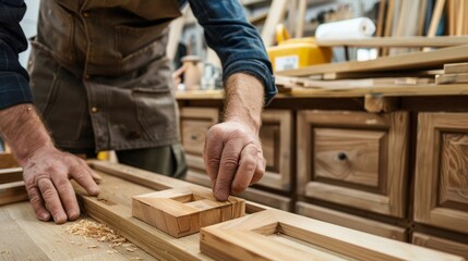 Carpenter working on a wooden frame.