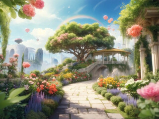 Obraz premium Fantasy garden with rainbow and colorful flowers