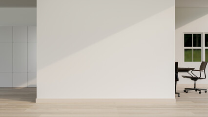 A modern white office indoor corridor or hallway features an empty white wall and a parquet floor.