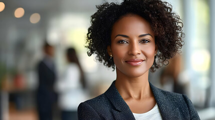 Obraz premium Professional woman smiling in an office environment.