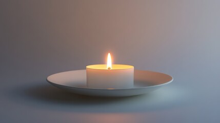 A white candle burning on a white plate, subtly illuminating the hidden depths of minimalism.