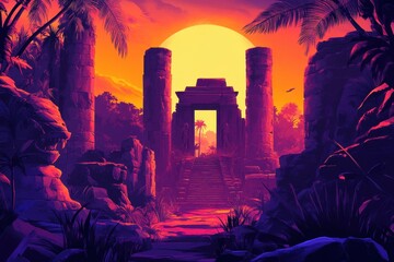 Ancient Stone Ruins with a Sunset and Palm Trees
