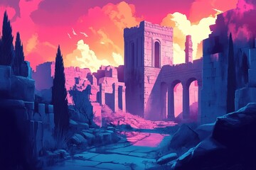 A Path Through the Ruins of an Ancient City at Sunset