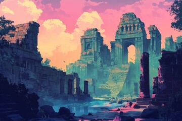 Ancient Stone Ruins with an Archway and Steps Under a Pink Sunset Sky