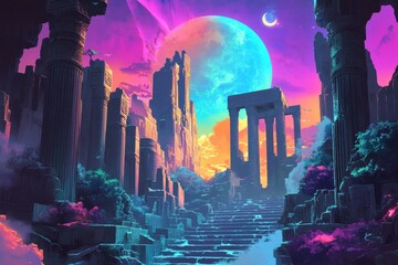 Ancient Ruins Under a Blue and Yellow Moon