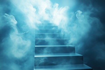 A staircase is shown in a blue sky with smoke