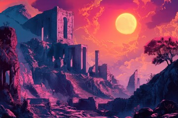 Ruins of an Ancient Temple Against a Sunset Sky