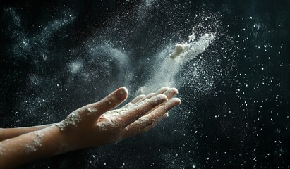 Fototapeta premium Two hands clap together, sending a burst of white powder into the air against a black background.