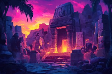 Ancient Stone Temple Entrance with Palm Tree Silhouette and Sunset Sky